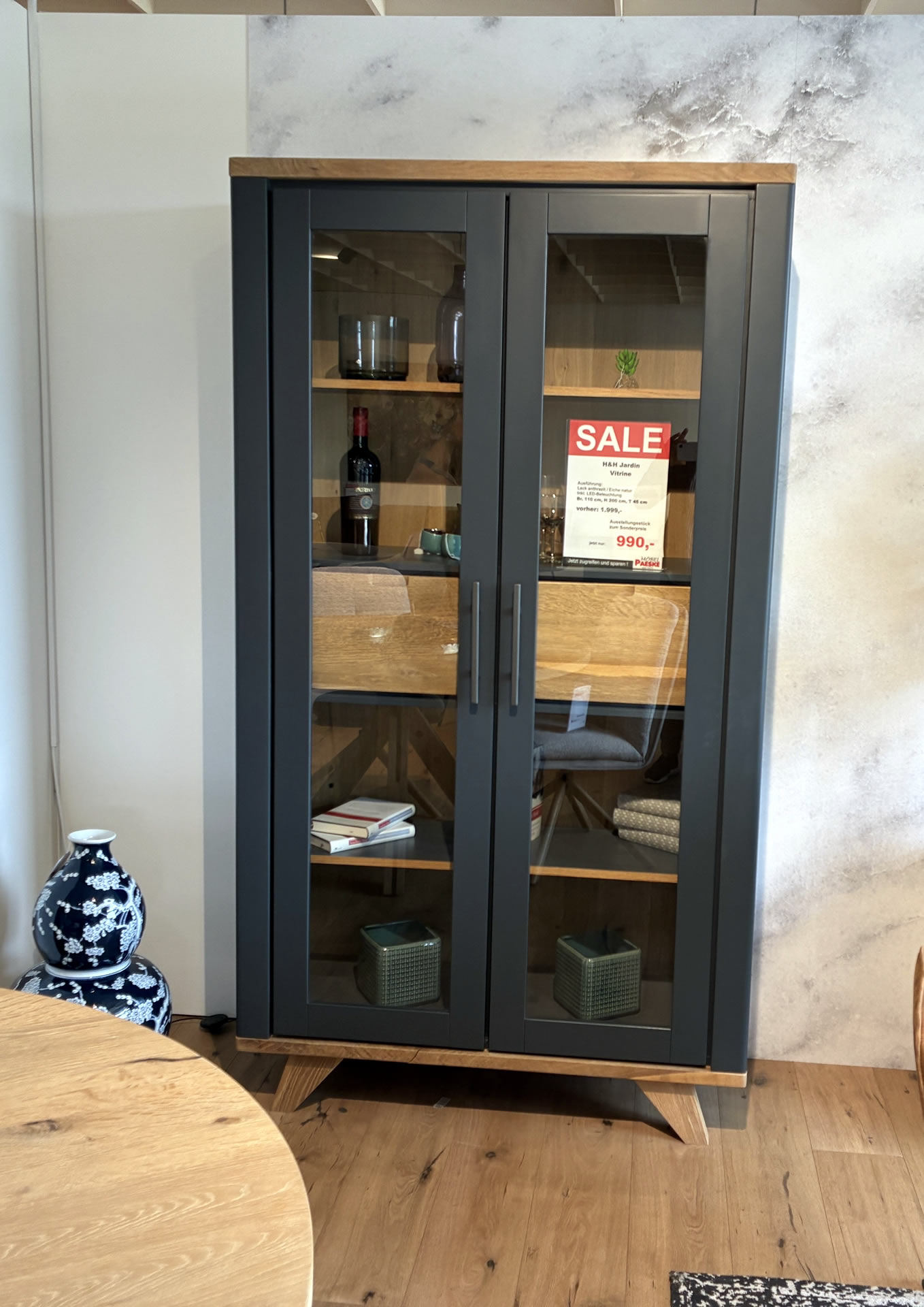 H&H Jardin Vitrine in Lack anthrazit / Eiche natur