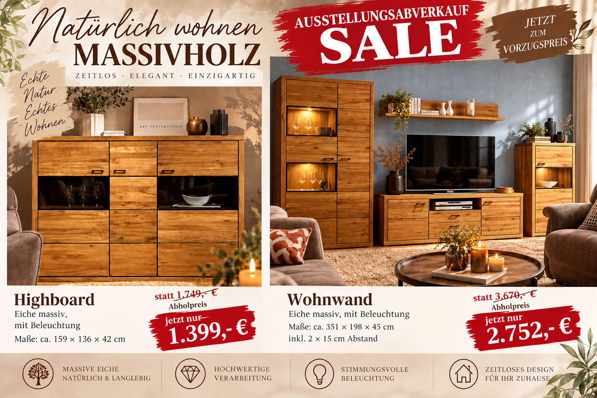 Wohnwand Mona I in Eiche massiv geölt